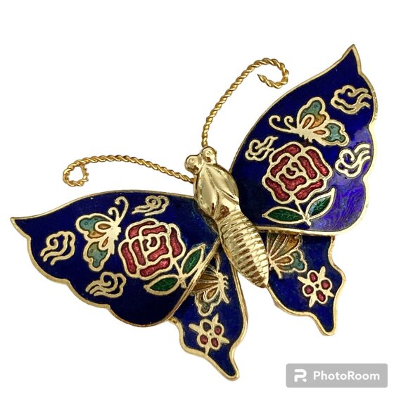 Vintage Cloisonne Butterfly Brooch Pin Flowers Blue Enamel Gold Plated Taiwan - Picture 2 of 12